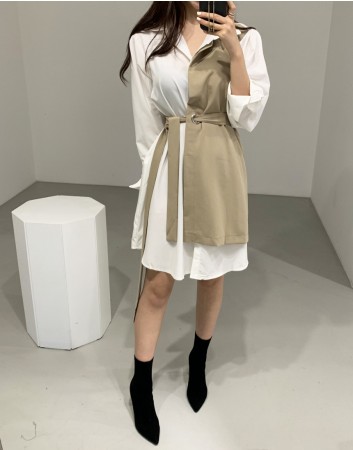 韓國秋季chic氣質優雅翻領撞色假兩件綁帶襯衫洋裝   small ki
